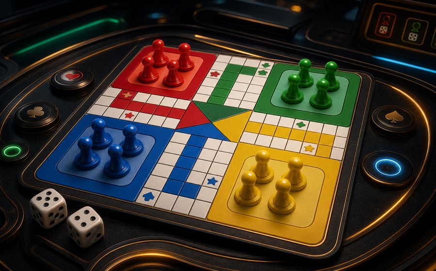 Ludo board basics with colored zones and tokens