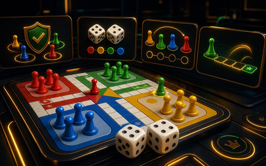 Ludo room rules with dice and board table cues